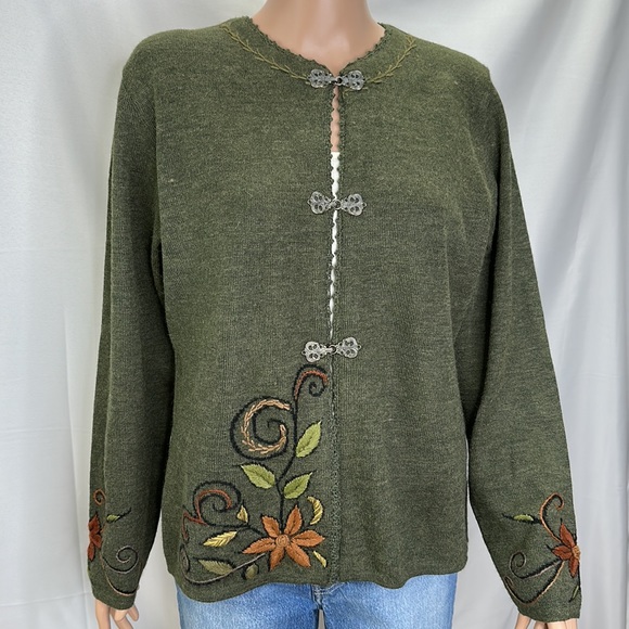 Peruvian Link Green Sweater Metal Clasps Embroidered Floral Alpaca Blend SZ M - Picture 3 of 16